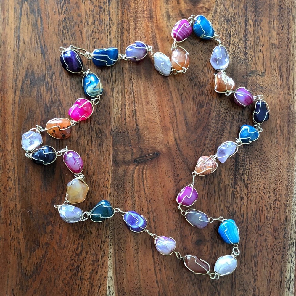 Vintage Gold Plated Caged Gemstones Beaded Necklace